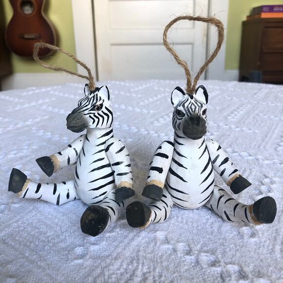 Vintage Wooden Zebra Ornaments Set Of 2 Jointed Hand-Painted 5.75" Folk Art 90s - Picture 1 of 11